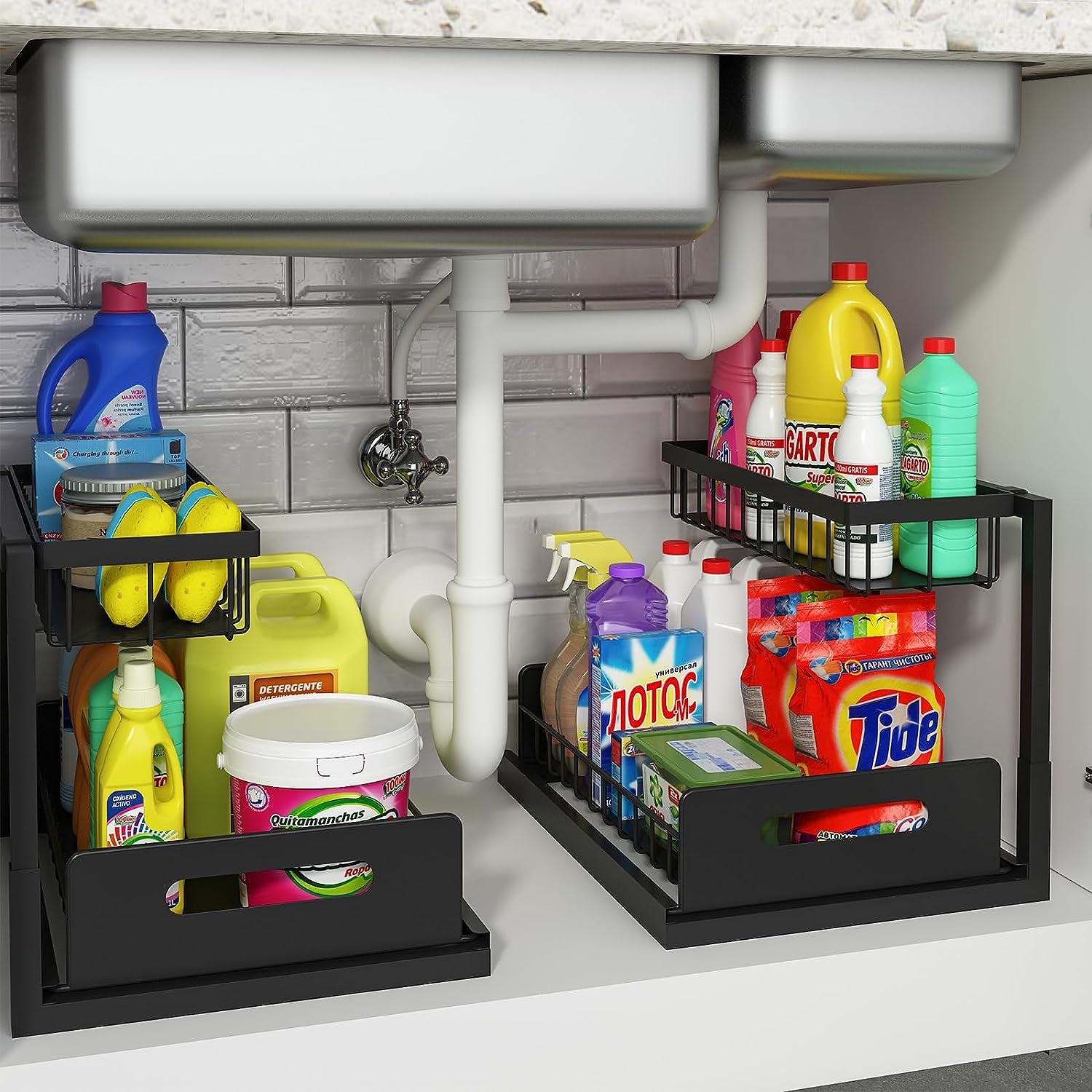 under Sink Organizer and Storage, 2 Pack Pull Out Cabinet Organizer Slide Out Sink Shelf Cabinet Storage Shelves, under Sink Storage for Kitchen Bathroom Cabinet