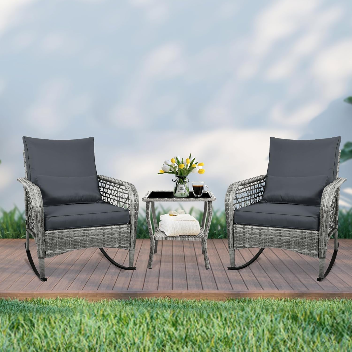 3-Piece Patio Furniture Set,Outdoor Rocking Chairs Set of 2, Patio Conversation Set with 2 Wicker Chairs with Coffee Table and Cushions for Garden,Porch,Backyard, Bistro