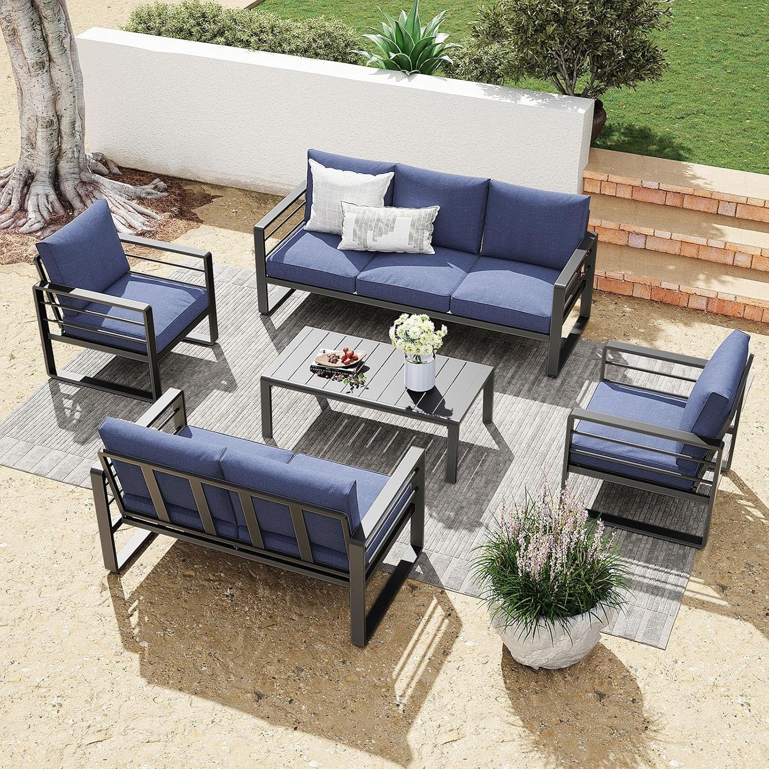 Aluminum Patio Furniture Set, 4 PCS Modern Patio Conversation Set, All Weather Dark Grey Outdoor Sectional Sofa Set W/Coffee Table, Loveseat, Superior Olefin Cushion, Garden-Grey Cushion