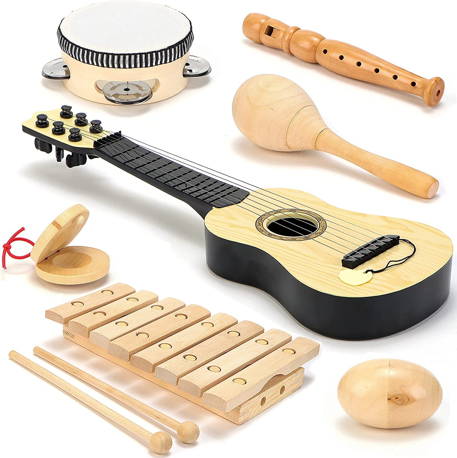 Natural Wooden Musical Instruments for Kids Band Class Preschool School Learning Kids Musical Toys for Toddlers -Toddler Music Set Maracas Guitar Xylophone Tambourine Castanet Shaker Egg Flute