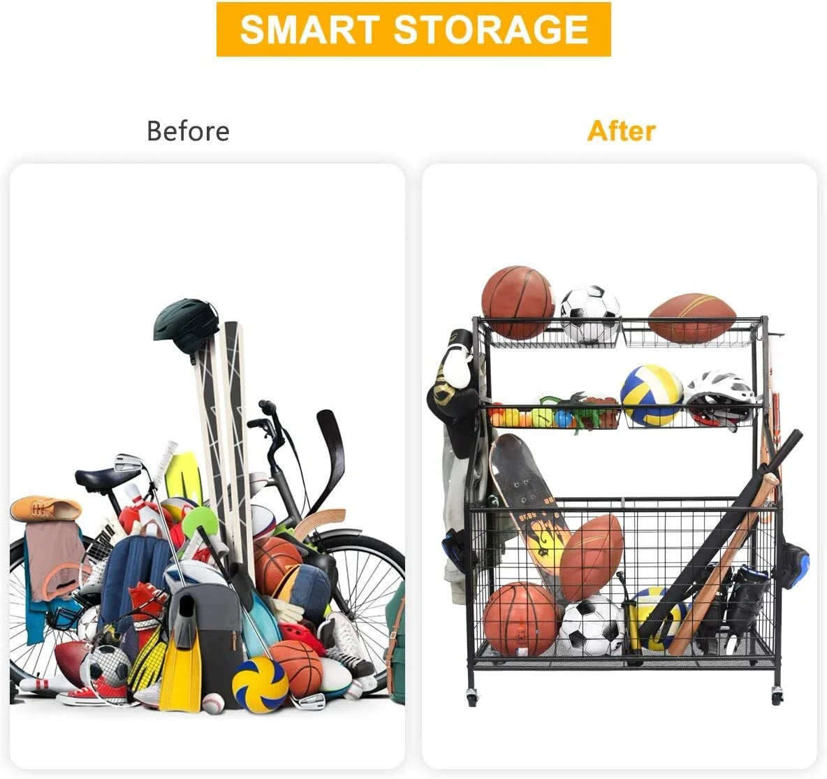 Sports Equipment Organizer, Ball Storage Rack, Garage Ball Storage, Sports Gear Storage, Rolling Sports Ball Storage Cart