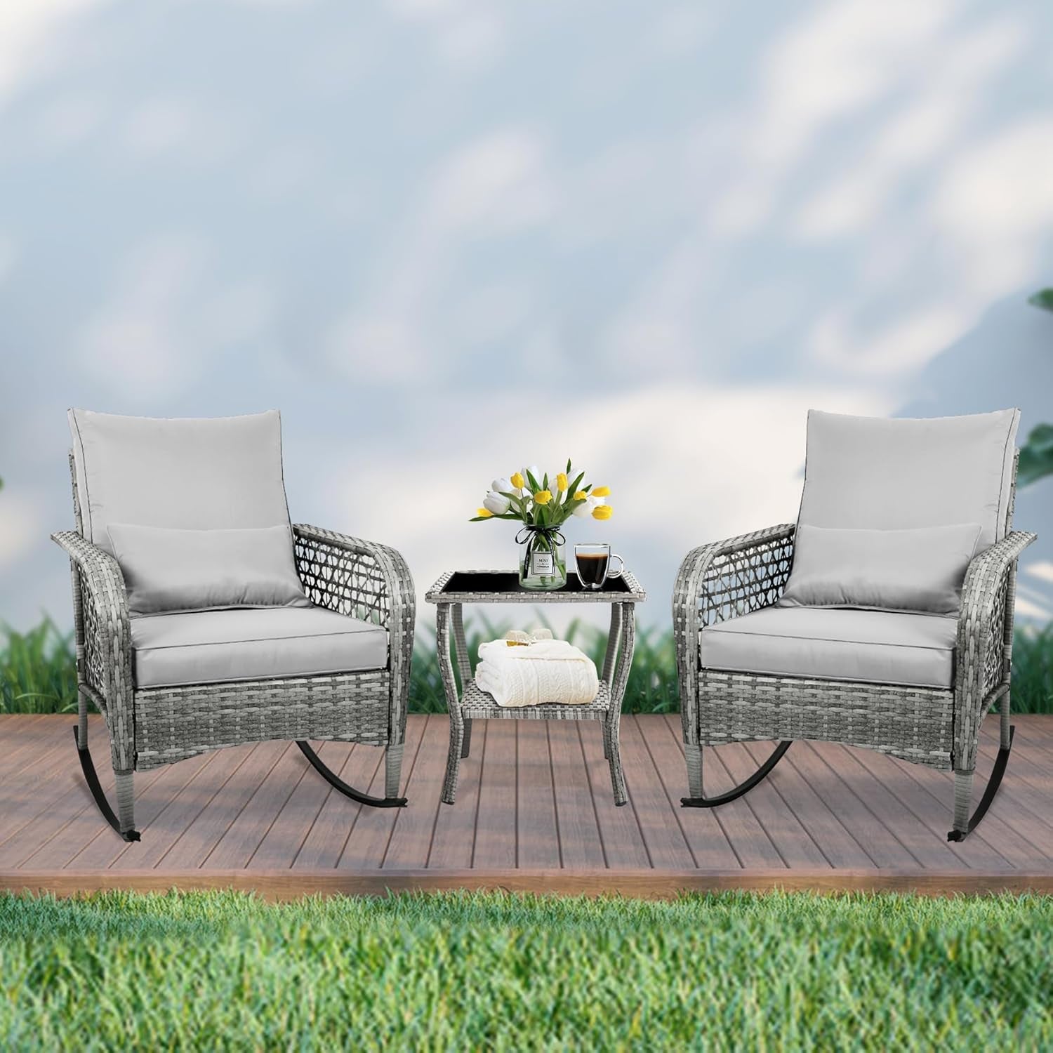 3-Piece Patio Furniture Set,Outdoor Rocking Chairs Set of 2, Patio Conversation Set with 2 Wicker Chairs with Coffee Table and Cushions for Garden,Porch,Backyard, Bistro