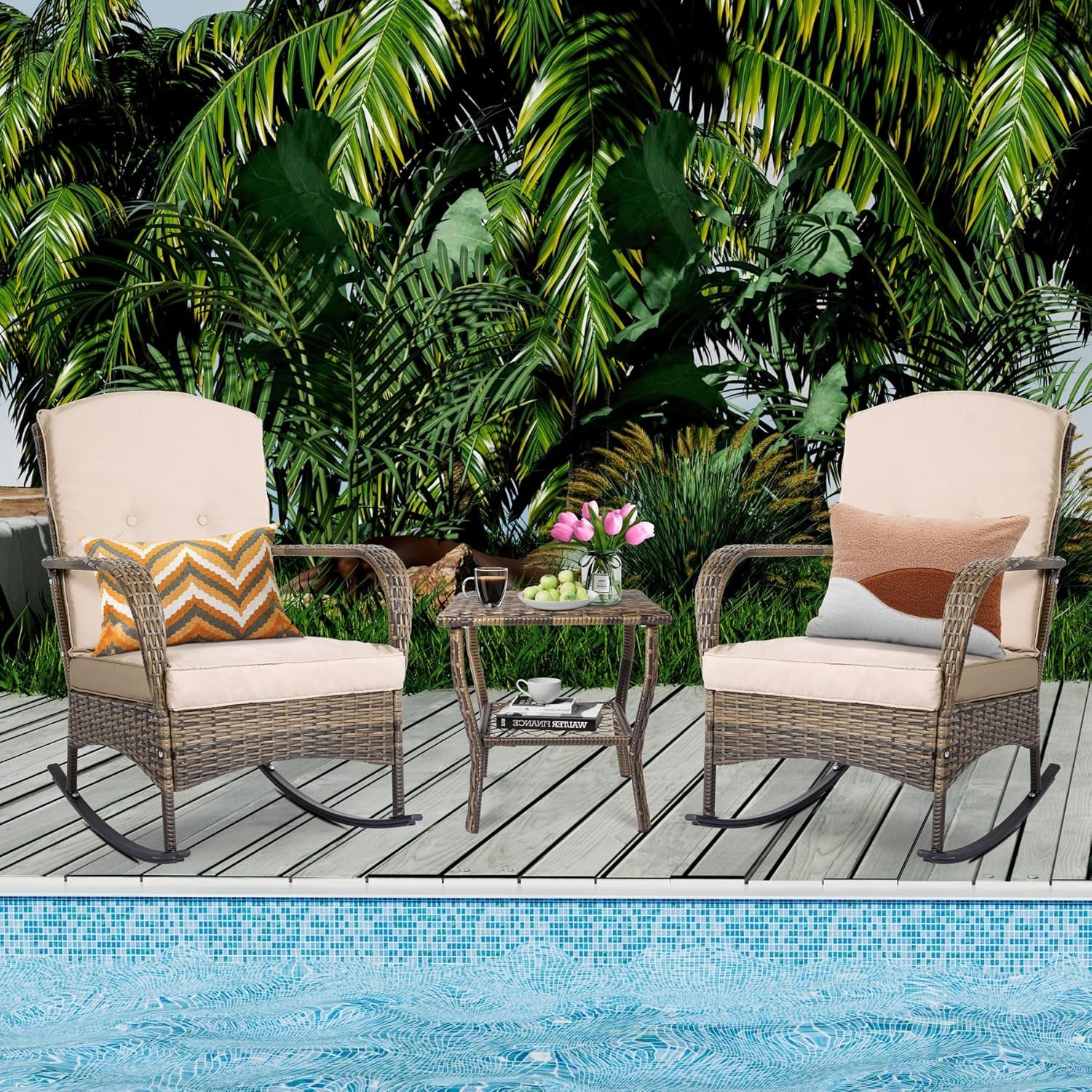 3-Piece Patio Furniture Set,Outdoor Rocking Chairs Set of 2, Patio Conversation Set with 2 Wicker Chairs with Coffee Table and Cushions for Garden,Porch,Backyard, Bistro