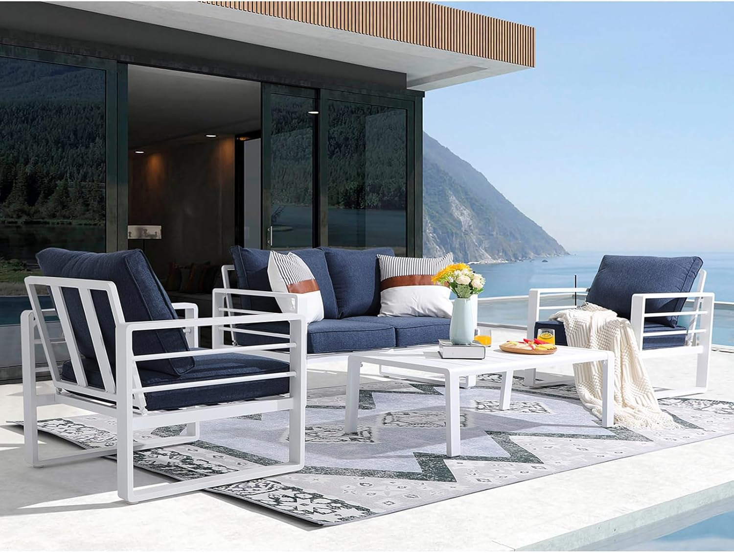 Aluminum Patio Furniture Set, 4 PCS Modern Patio Conversation Set, All Weather Dark Grey Outdoor Sectional Sofa Set W/Coffee Table, Loveseat, Superior Olefin Cushion, Garden-Grey Cushion