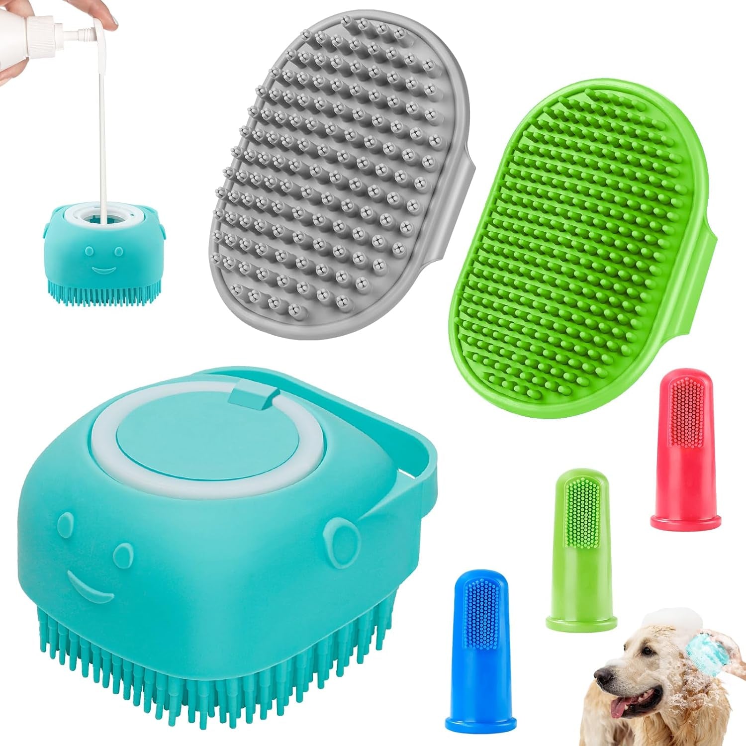 3PCS Dog Bath Brush | Dog Shampoo Brush | Dog Scrubber for Bath | Dog Bath Brush Scrubber | Dog Shower/Washing Brush with Adjustable Ring Handle for Short & Long Hair (Blue Blue Blue)