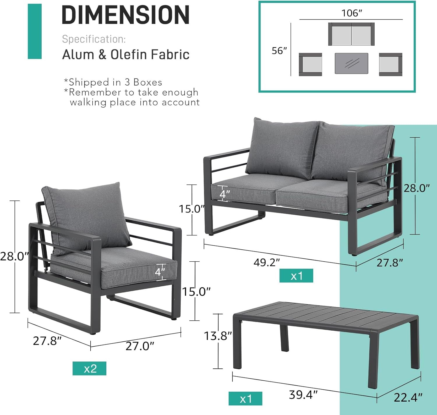 Aluminum Patio Furniture Set, 4 PCS Modern Patio Conversation Set, All Weather Dark Grey Outdoor Sectional Sofa Set W/Coffee Table, Loveseat, Superior Olefin Cushion, Garden-Grey Cushion