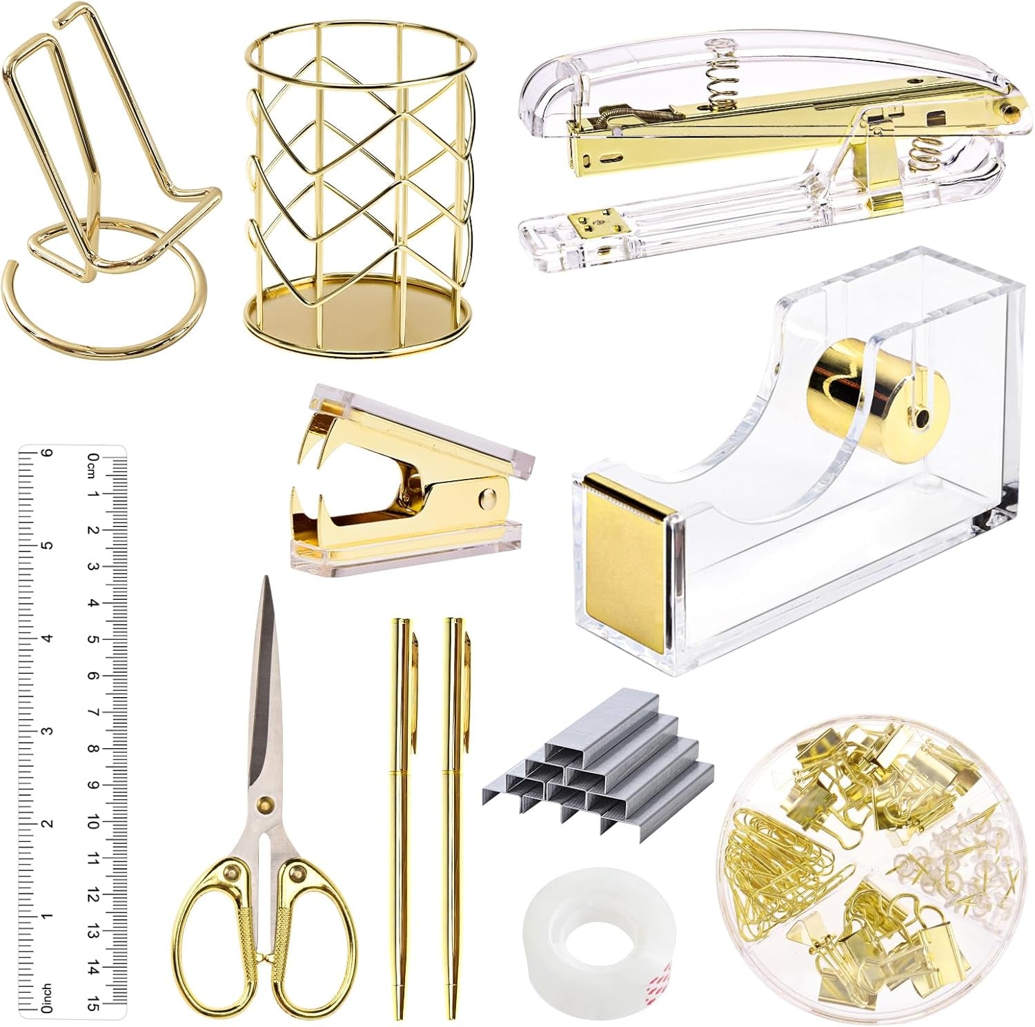 Gold Office Supplies Set Desk Accessories, Acrylic Stapler Set Staple Remover, Phone Holder, Tape Holder, Pen Holder, 2 Ballpoint Pen, Scissor, Binder Clips, Ruler, Transparent Glue and Staples.