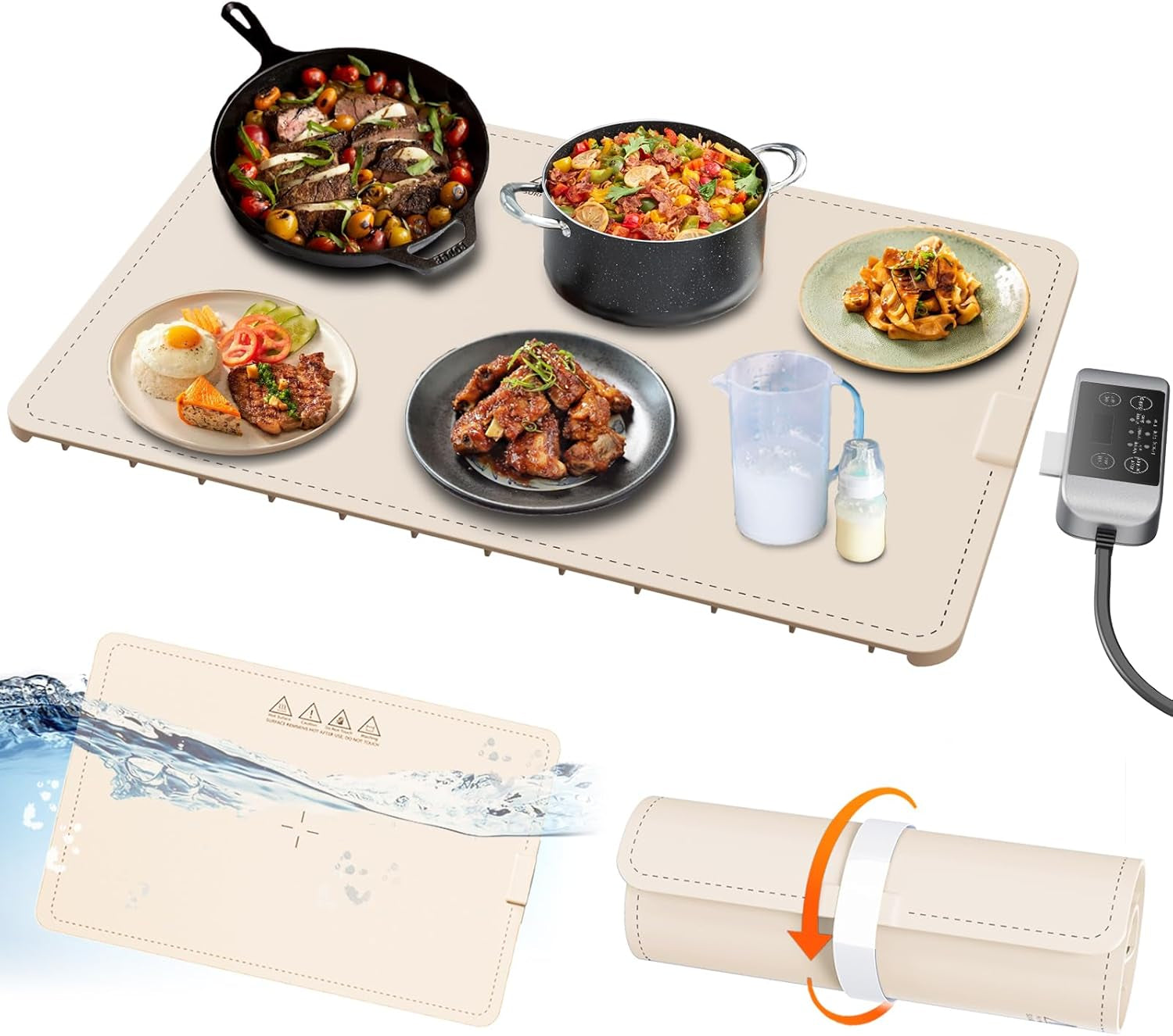 【Upgrade】Electric Warming Tray- Detachable Power Plug for Easier Cleaning- Full Surface Heating- Nano Silicone Material, 3 Temperature Settings- for Buffet, Home Party, Dinner, Compact Food Warmer