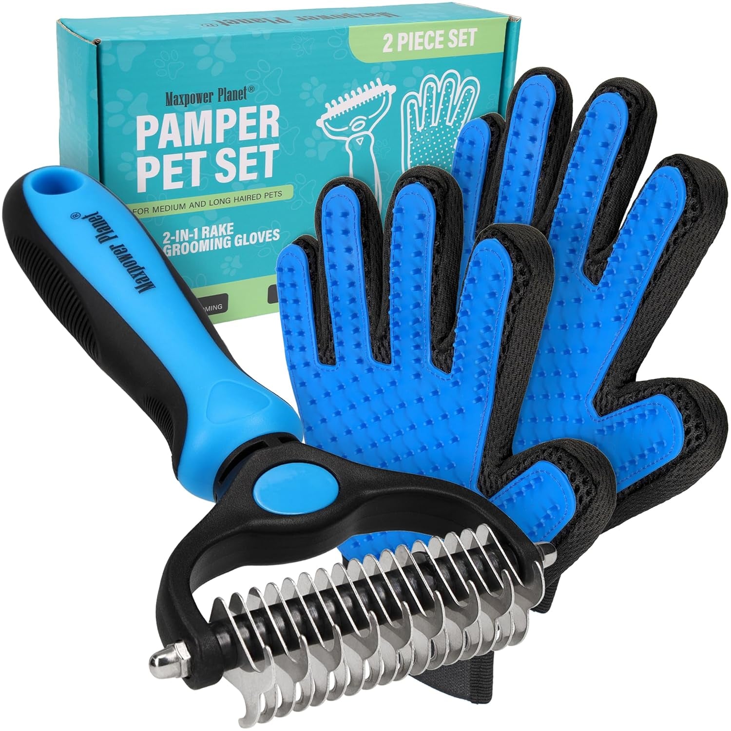 Pet Grooming Rake - Double-Sided Dematting Undercoat Brush for Dogs and Cats, Extra Wide, Reduces Shedding by 95%, Blue