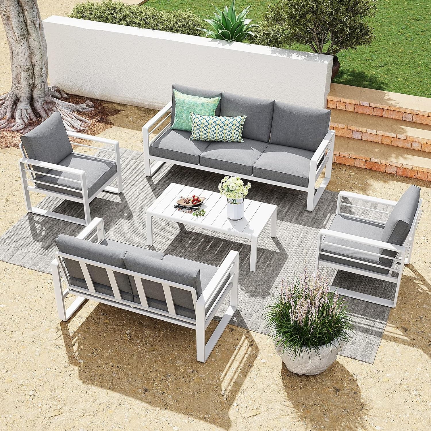 Aluminum Patio Furniture Set, 4 PCS Modern Patio Conversation Set, All Weather Dark Grey Outdoor Sectional Sofa Set W/Coffee Table, Loveseat, Superior Olefin Cushion, Garden-Grey Cushion