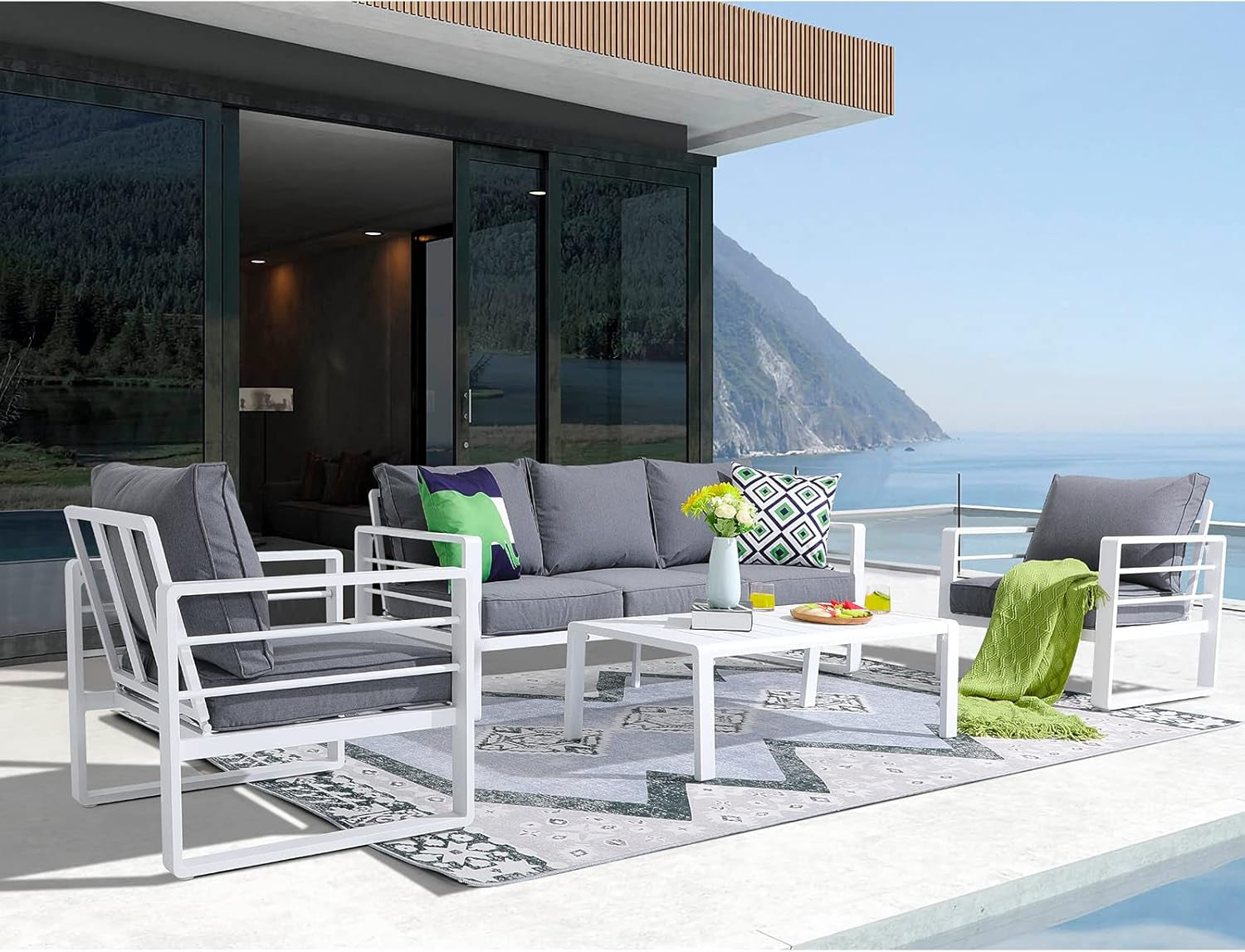 Aluminum Patio Furniture Set, 4 PCS Modern Patio Conversation Set, All Weather Dark Grey Outdoor Sectional Sofa Set W/Coffee Table, Loveseat, Superior Olefin Cushion, Garden-Grey Cushion