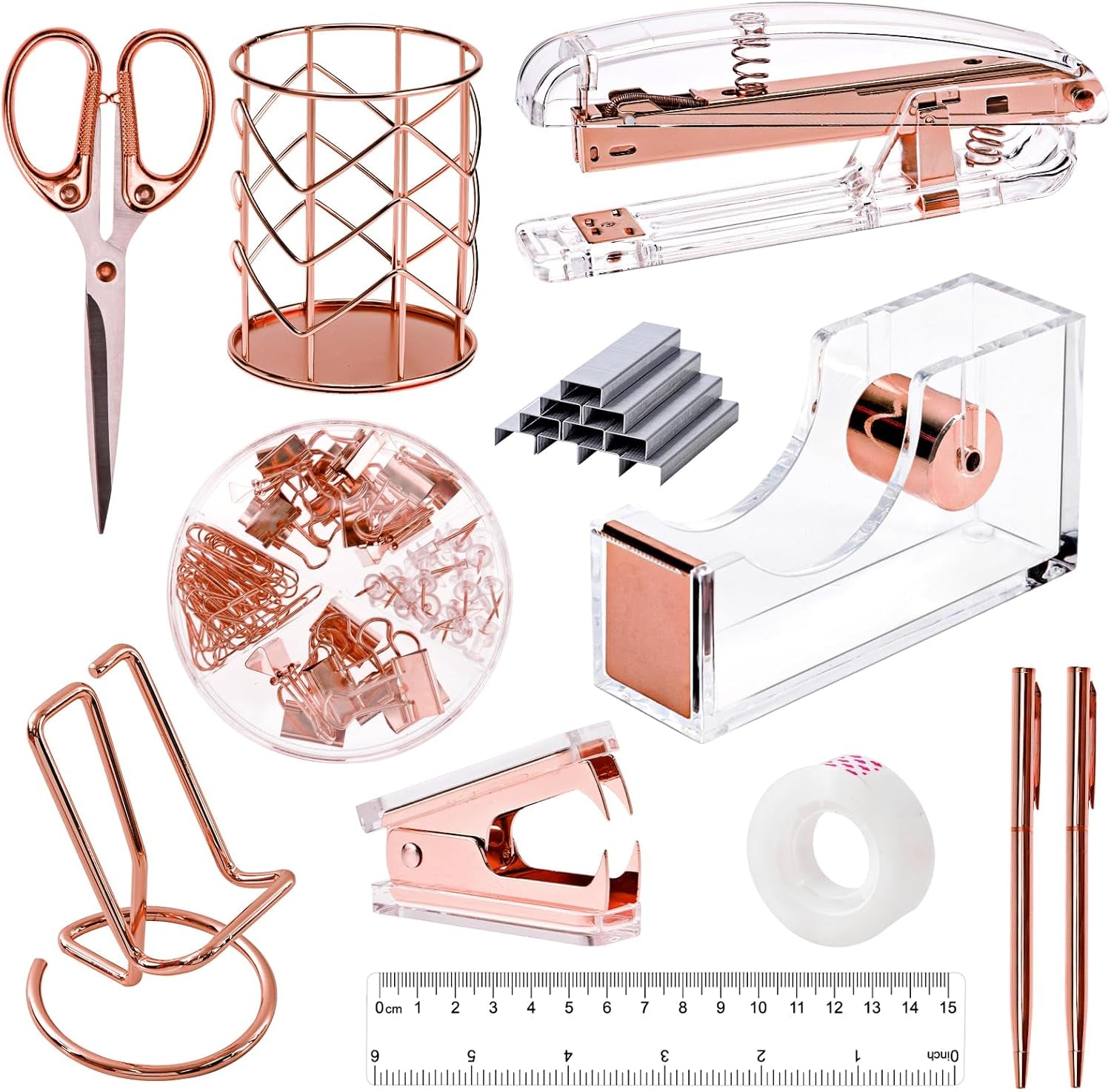 Gold Office Supplies Set Desk Accessories, Acrylic Stapler Set Staple Remover, Phone Holder, Tape Holder, Pen Holder, 2 Ballpoint Pen, Scissor, Binder Clips, Ruler, Transparent Glue and Staples.