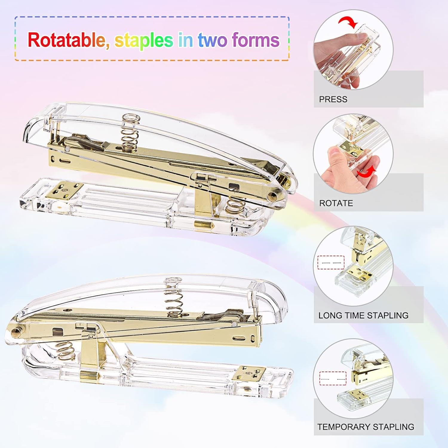 Gold Office Supplies Set Desk Accessories, Acrylic Stapler Set Staple Remover, Phone Holder, Tape Holder, Pen Holder, 2 Ballpoint Pen, Scissor, Binder Clips, Ruler, Transparent Glue and Staples.