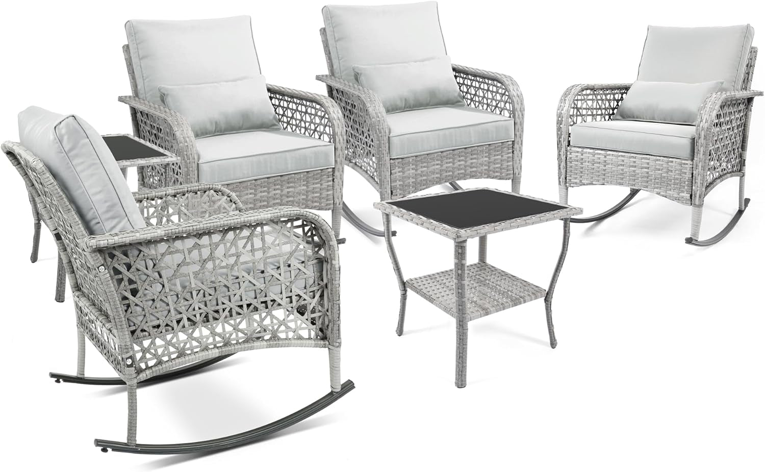 3-Piece Patio Furniture Set,Outdoor Rocking Chairs Set of 2, Patio Conversation Set with 2 Wicker Chairs with Coffee Table and Cushions for Garden,Porch,Backyard, Bistro