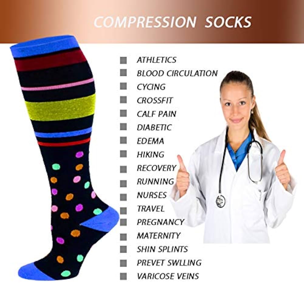 6 Pairs Pack Graduated Colorful Travel Athletic Cotton Compression Knee High Socks (6 Pairs Assorted, Small/Medium)