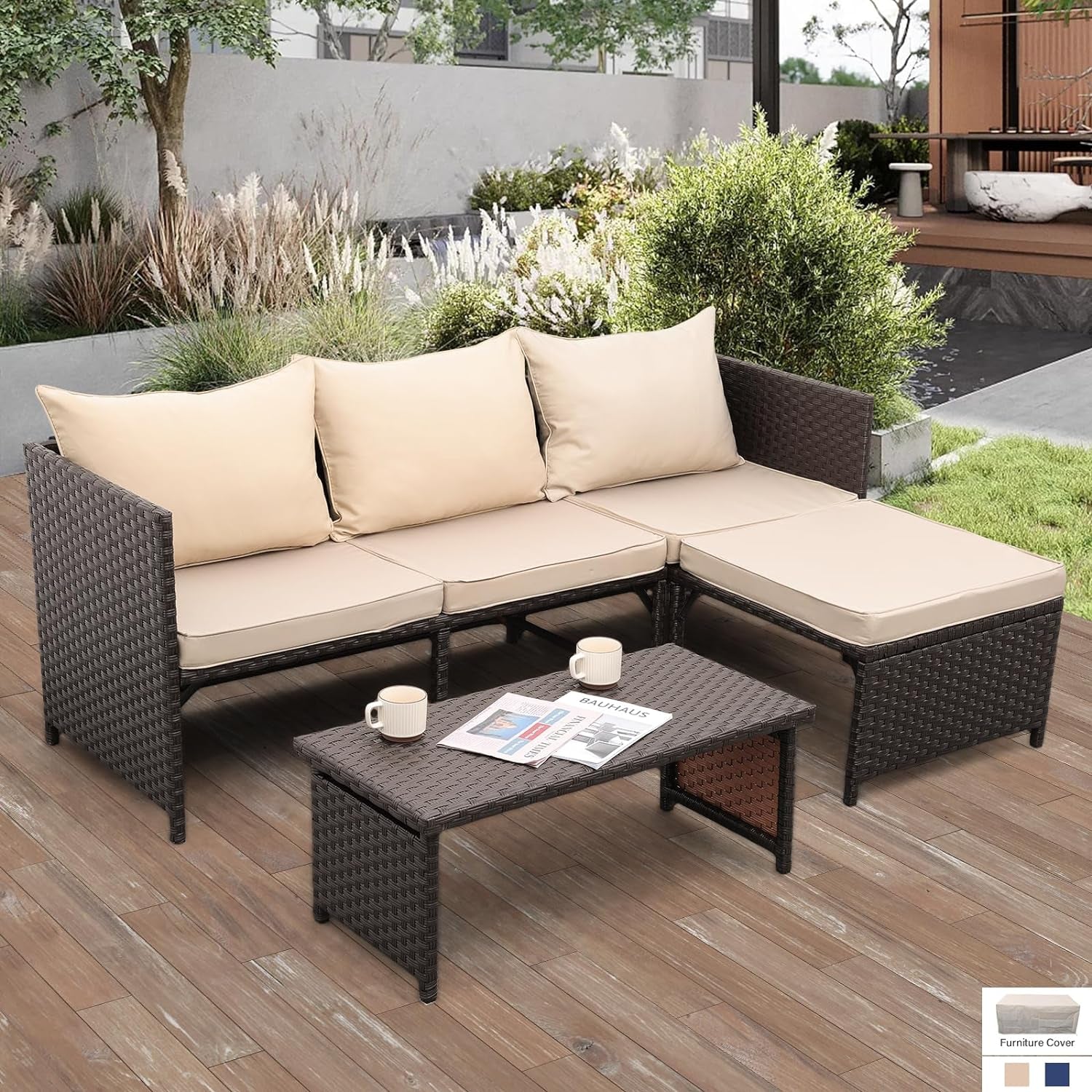 3 Piece Patio Set Outdoor Furniture Set Patio Conversation Sets Outdoor Sectional Sofa Patio Loveseat Coffee Table with Non-Slip Cushions,Khaki