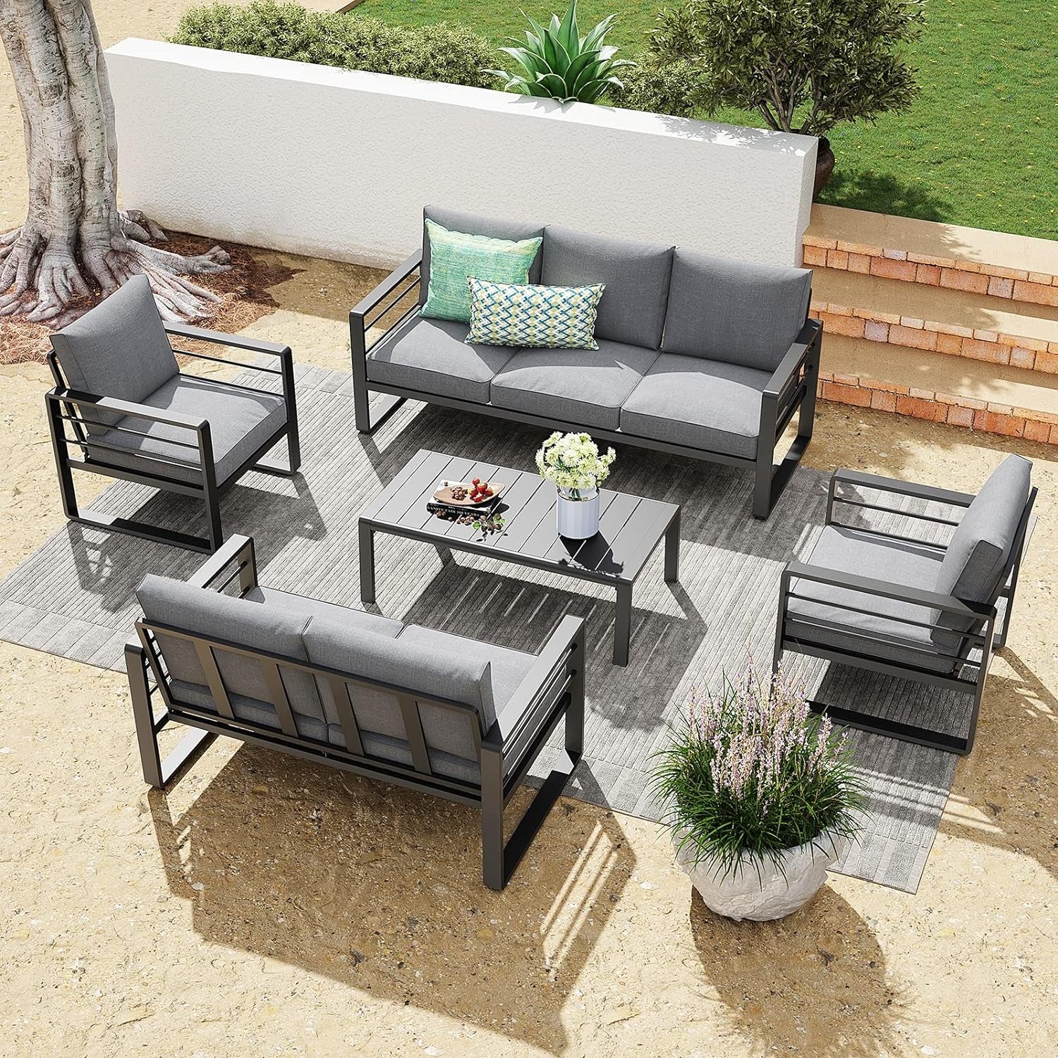 Aluminum Patio Furniture Set, 4 PCS Modern Patio Conversation Set, All Weather Dark Grey Outdoor Sectional Sofa Set W/Coffee Table, Loveseat, Superior Olefin Cushion, Garden-Grey Cushion