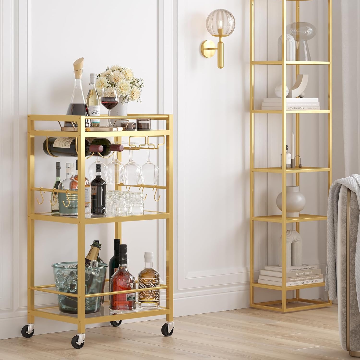 Bar Cart, Home Bar Serving Cart with 3-Tier Mirrored Shelf, Microwave Cart, Drink Cart, Mobile Kitchen Shelf with Wine Rack, Rolling Beverage Cart, Gold