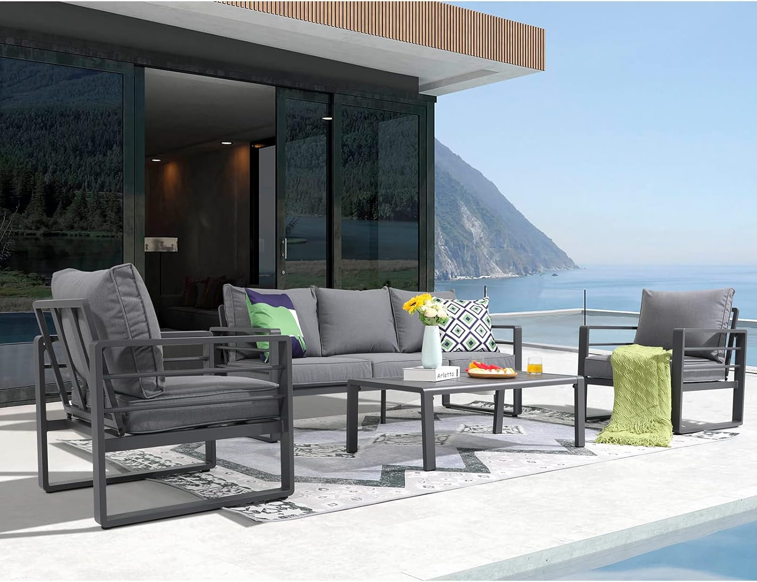 Aluminum Patio Furniture Set, 4 PCS Modern Patio Conversation Set, All Weather Dark Grey Outdoor Sectional Sofa Set W/Coffee Table, Loveseat, Superior Olefin Cushion, Garden-Grey Cushion