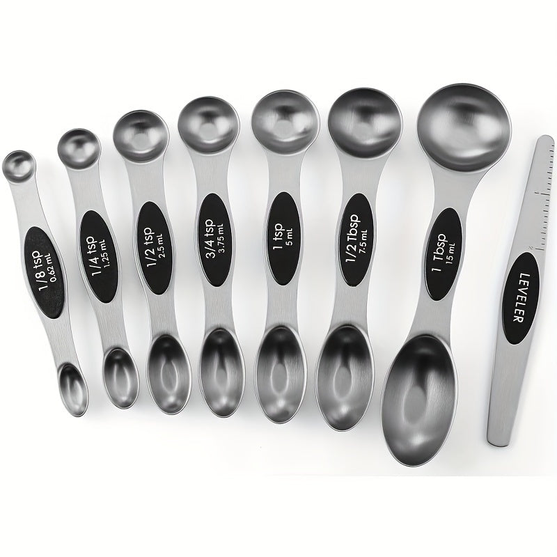 Magnetic Measuring Spoon Set, Double-Sided, Stainless Steel, Suitable for Seasoning Cans, 8-Piece Set