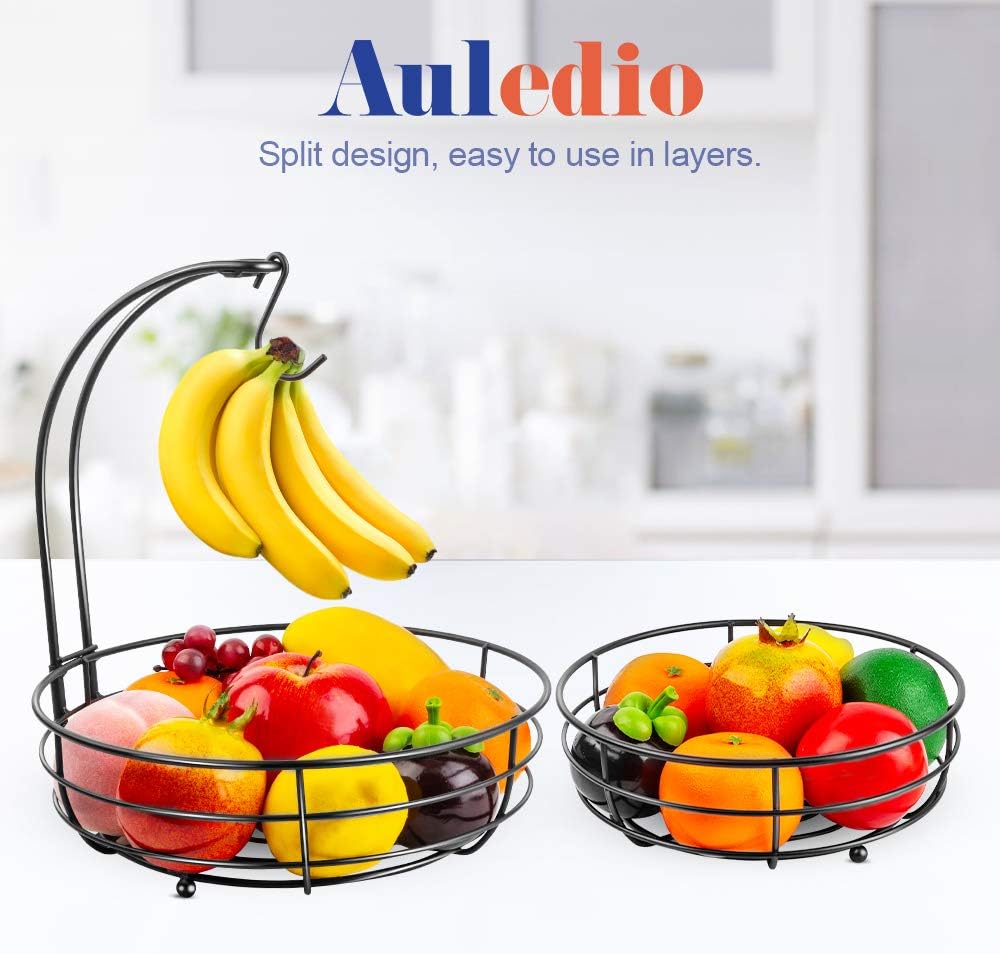 Iron 2-Tier Countertop Fruit Vegetables Basket Bowl Storage with Banana Hanger, Black, 64 Ounces