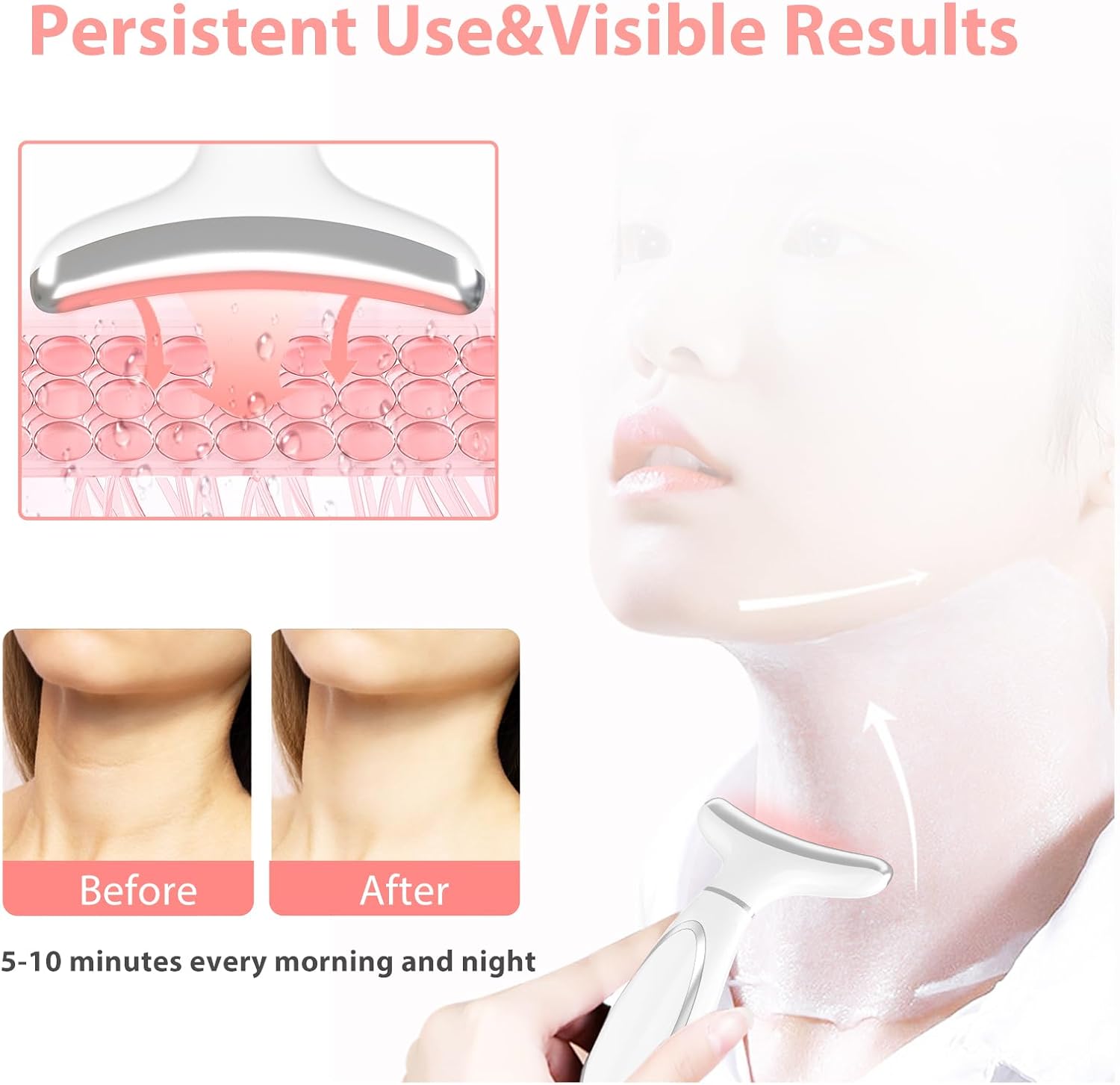 MASIKE Neck Face Beauty Device, Multifunctional Portable Facial Massager, 4 Color Led Face Neck Massager for Skin Care