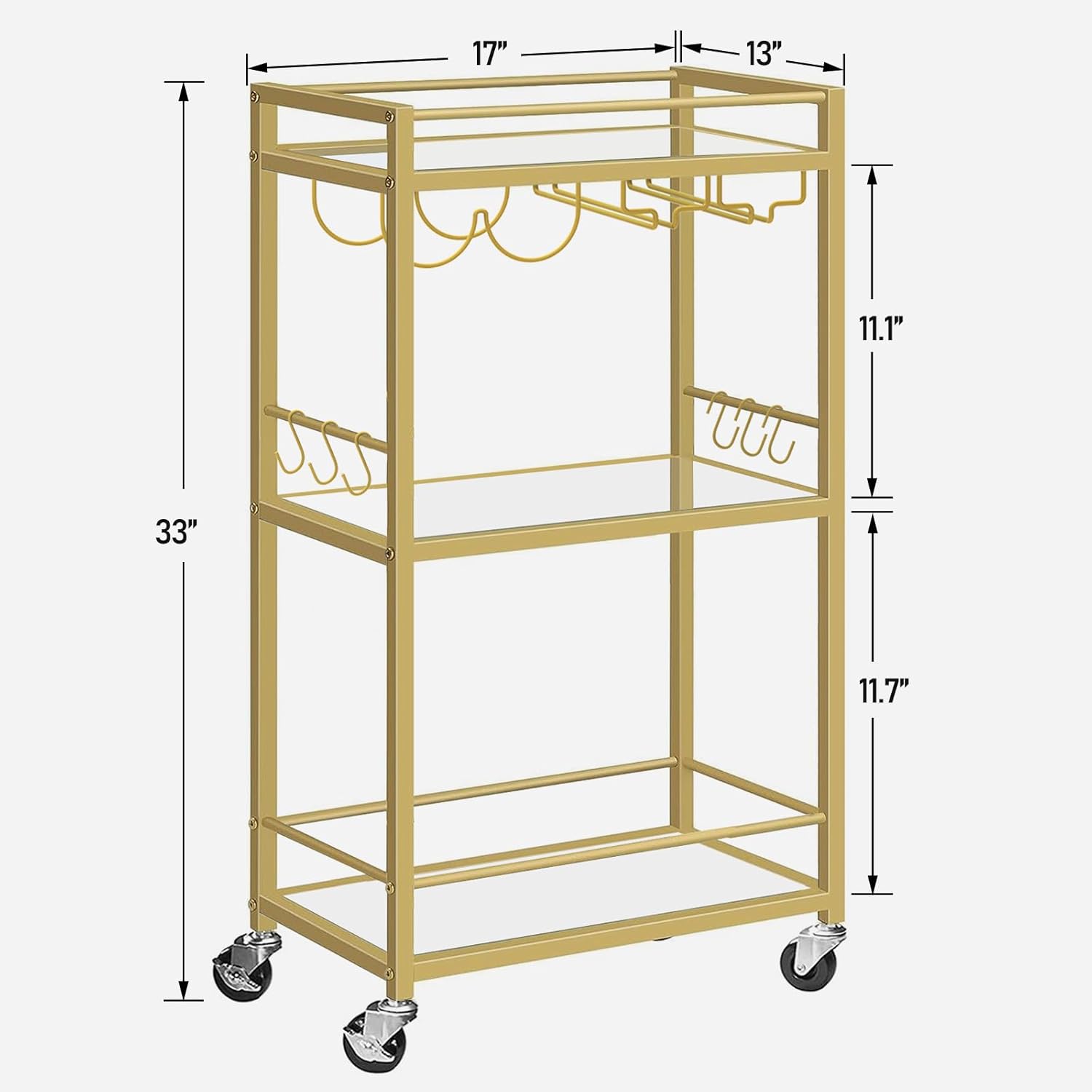 Bar Cart, Home Bar Serving Cart with 3-Tier Mirrored Shelf, Microwave Cart, Drink Cart, Mobile Kitchen Shelf with Wine Rack, Rolling Beverage Cart, Gold