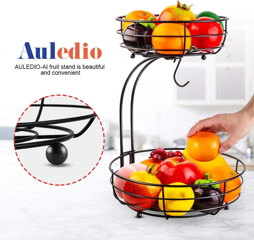 Iron 2-Tier Countertop Fruit Vegetables Basket Bowl Storage with Banana Hanger, Black, 64 Ounces