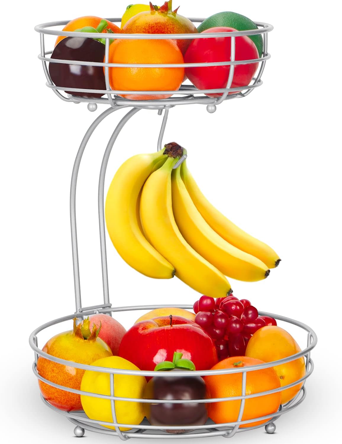 Iron 2-Tier Countertop Fruit Vegetables Basket Bowl Storage with Banana Hanger, Black, 64 Ounces