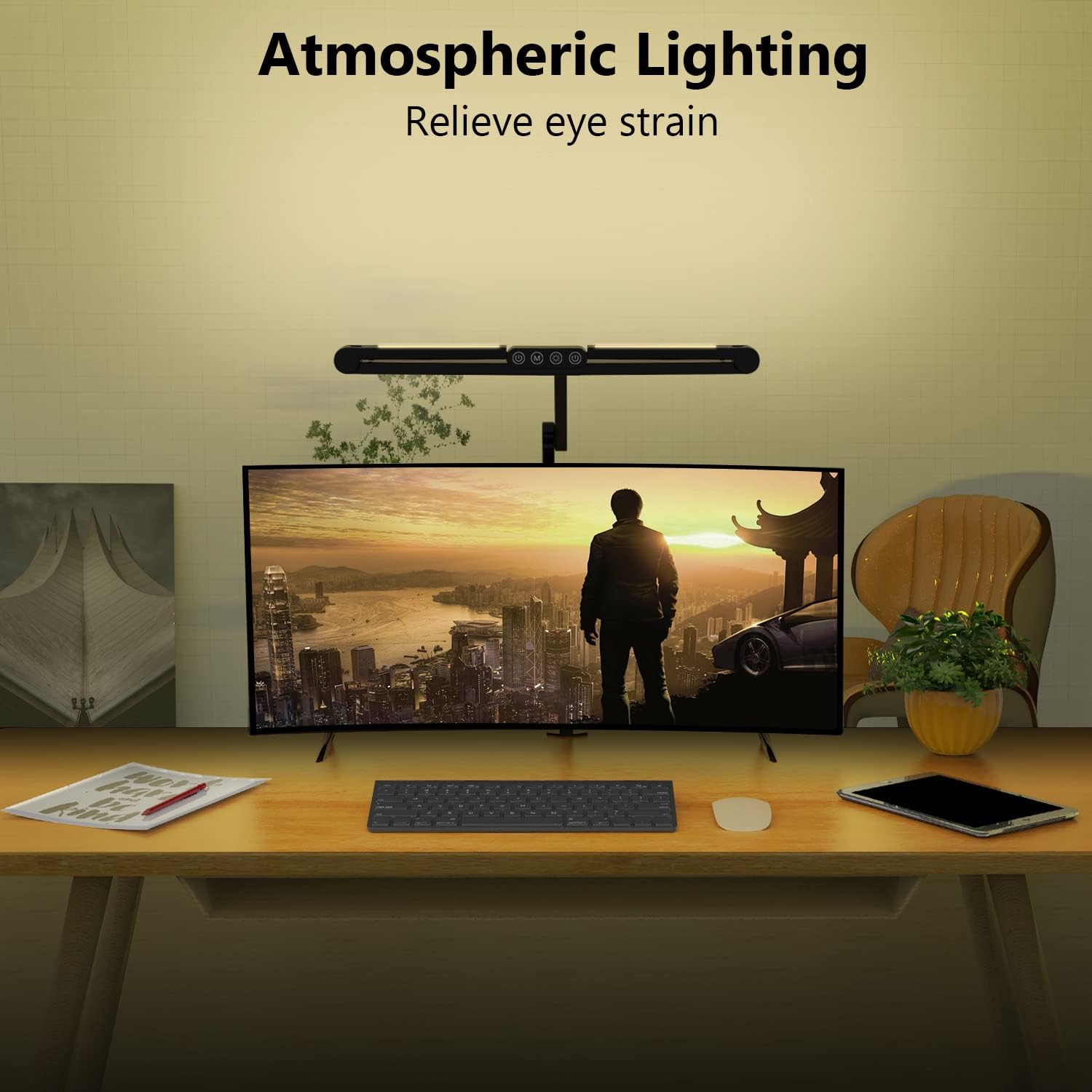 Led Desk Lamp with Clamp, Architect Desk Lamp for Home Office with Atmosphere Lighting, 24W Ultra Bright Auto Dimming Desk Light Stepless Dimming and Tempering LED Table Light