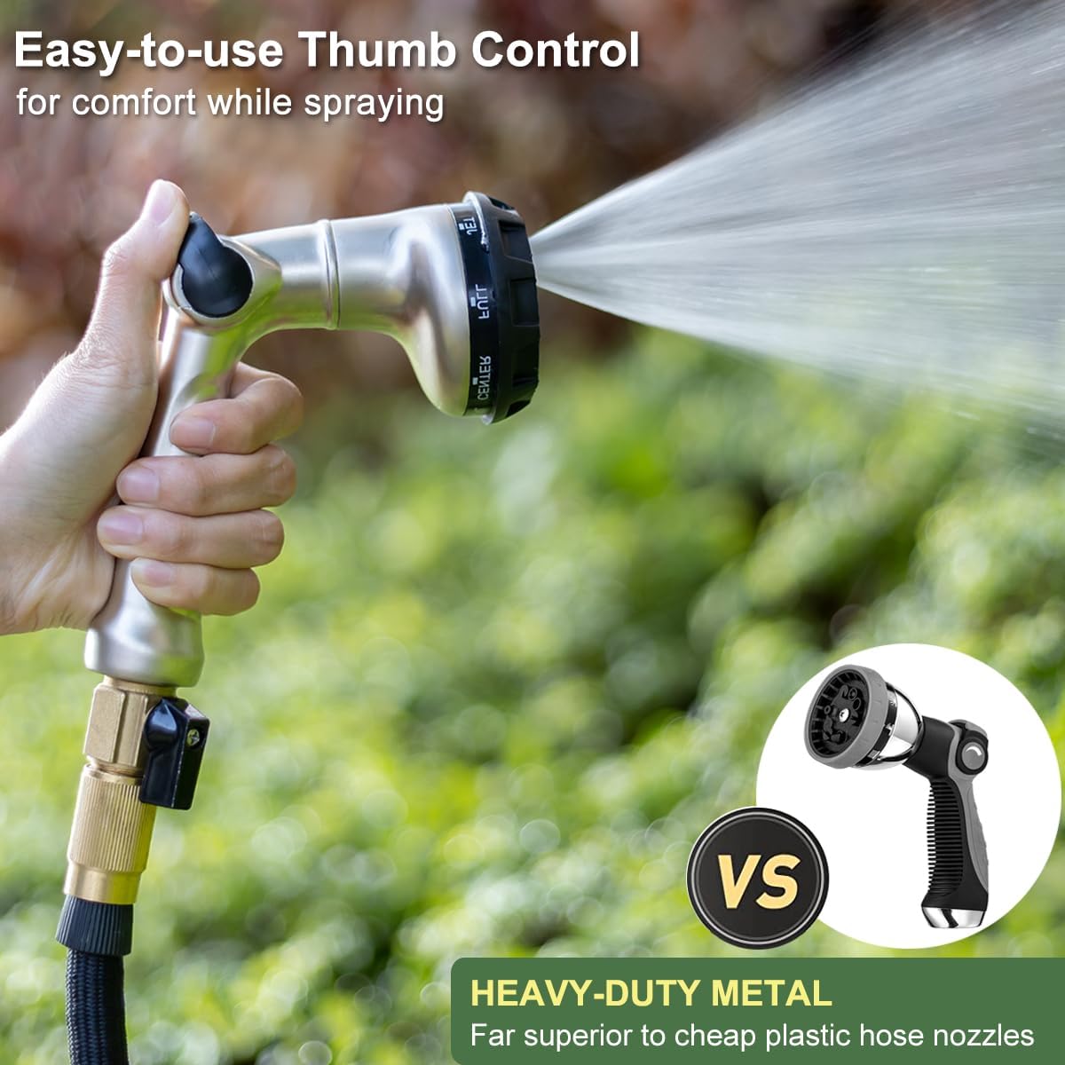 Professional Heavy Duty Garden Hose Nozzle, 100% Metal Thumb Control Water Hose Sprayer with 8 Spray Patterns, High Pressure Water Nozzle for Lawn & Plant Watering, Car & Pet Washing