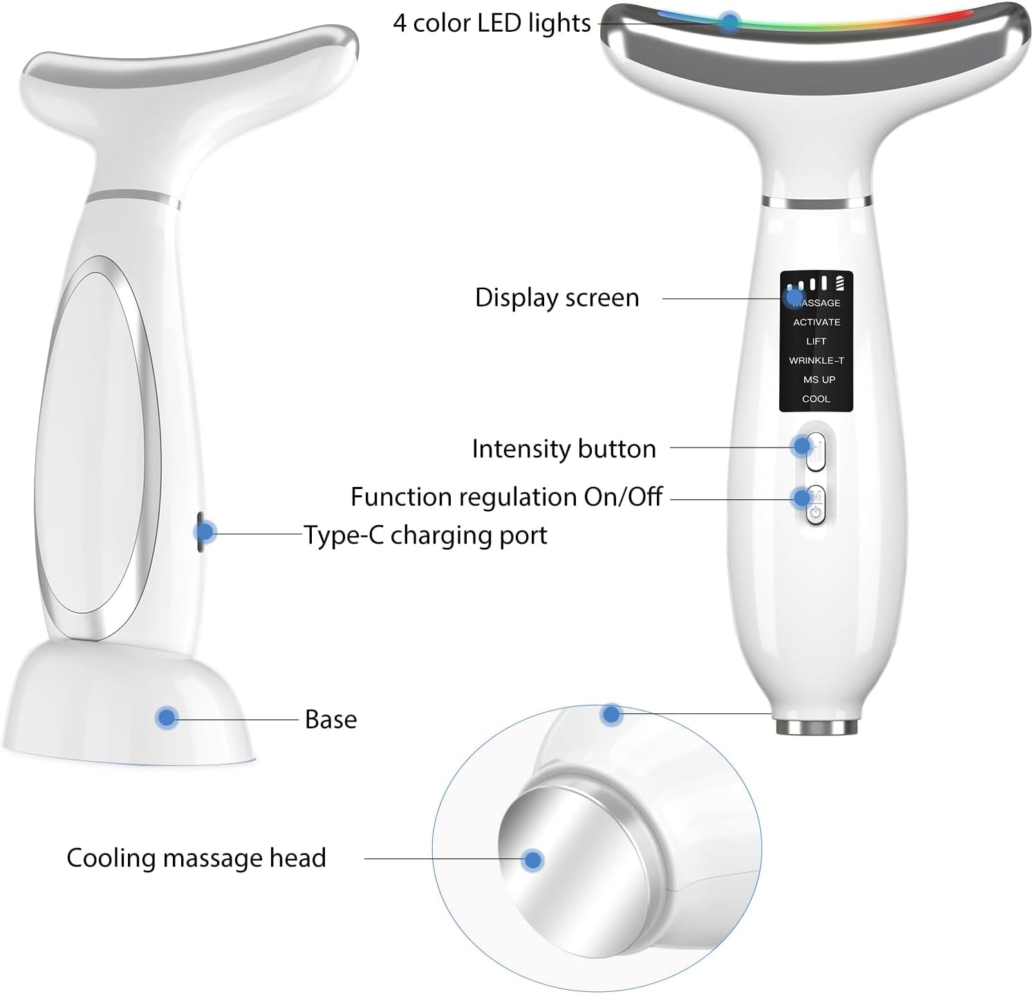 MASIKE Neck Face Beauty Device, Multifunctional Portable Facial Massager, 4 Color Led Face Neck Massager for Skin Care