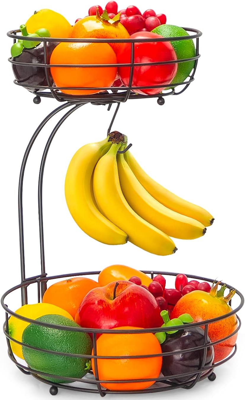 Iron 2-Tier Countertop Fruit Vegetables Basket Bowl Storage with Banana Hanger, Black, 64 Ounces