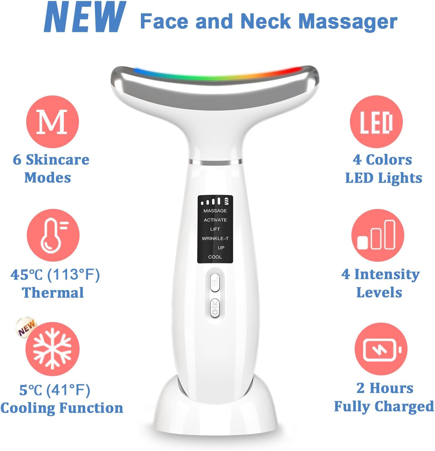 MASIKE Neck Face Beauty Device, Multifunctional Portable Facial Massager, 4 Color Led Face Neck Massager for Skin Care