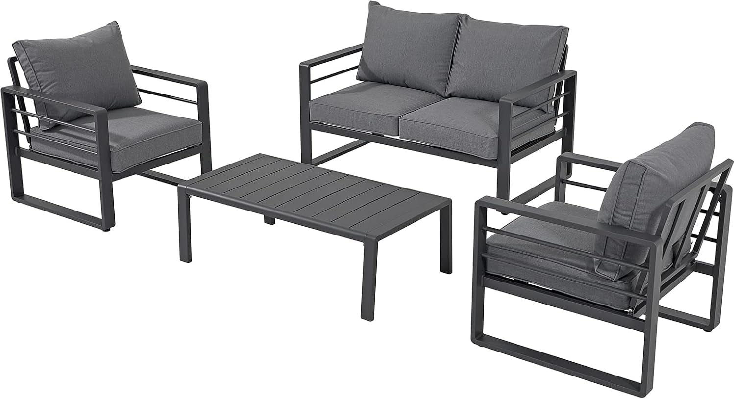 Aluminum Patio Furniture Set, 4 PCS Modern Patio Conversation Set, All Weather Dark Grey Outdoor Sectional Sofa Set W/Coffee Table, Loveseat, Superior Olefin Cushion, Garden-Grey Cushion