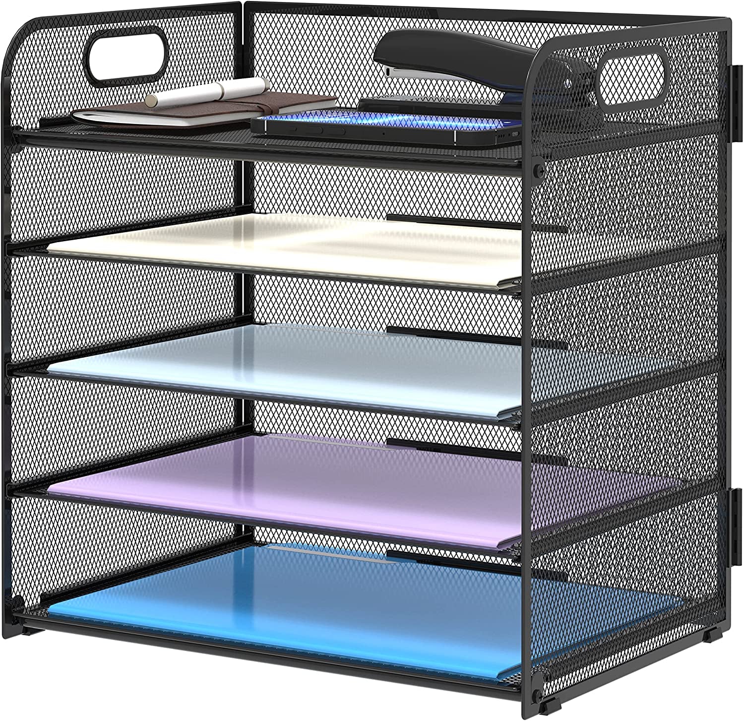 5 Trays Paper Organizer with Handle - Mesh Desk File/Letter Organizer,Black Paper Sorter for Office, Home or School