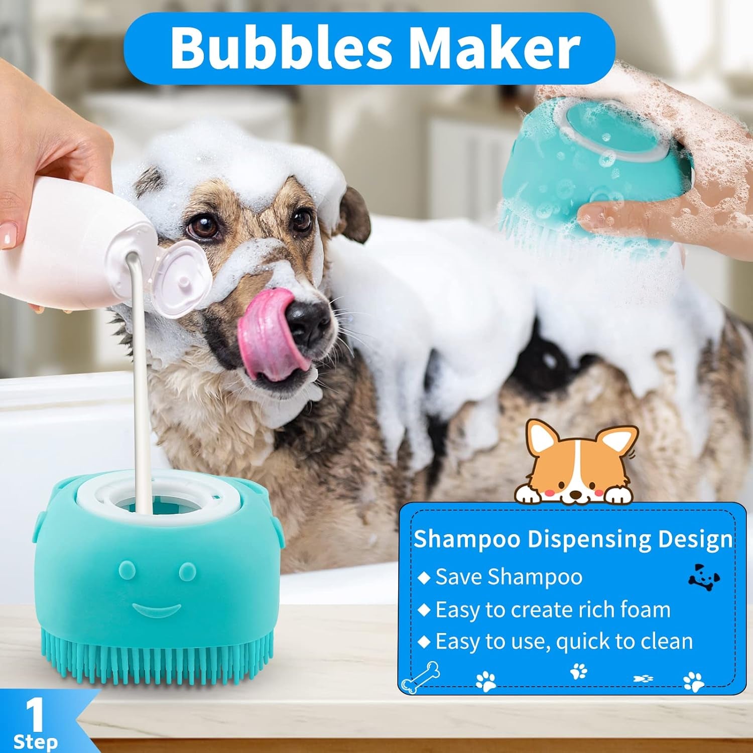 3PCS Dog Bath Brush | Dog Shampoo Brush | Dog Scrubber for Bath | Dog Bath Brush Scrubber | Dog Shower/Washing Brush with Adjustable Ring Handle for Short & Long Hair (Blue Blue Blue)