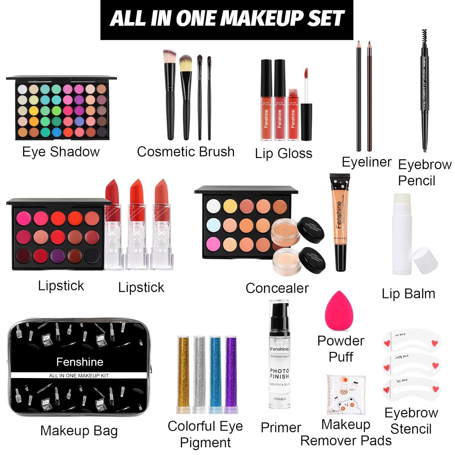 All in One Makeup Kit for Women, Full Makeup Gift Set for Beginners, Makeup Essential Starter Bundle Include Eyeshadow Palette Lipstick Eyebrow Pencil Brush Set (Type C)