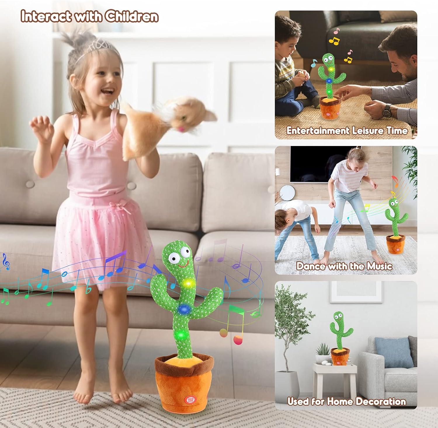 Kids Dancing Talking Cactus Toys for Baby Boys and Girls, Singing Mimicking Recording Repeating What You Say Sunny Cactus Electronic Light up Plush Toy with 120 English Songs Smart Toy