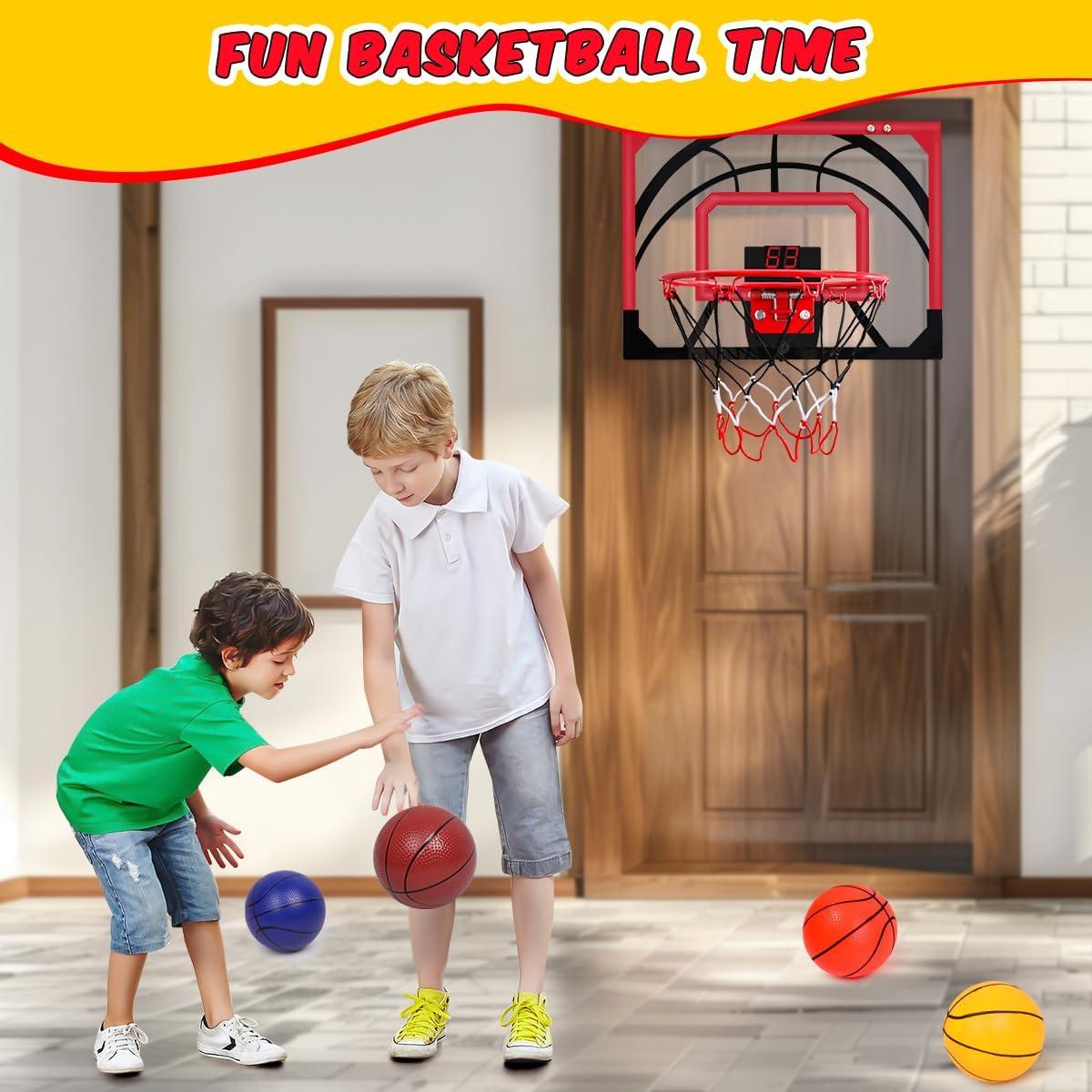 Indoor Basketball Hoop for Kids，Over the Door Basketball Hoop with Electronic Scoreboard, 4 Balls & Air Pump, Mini Basketball Hoop Toys Gifts for 5-12 Year Old Boys Girls