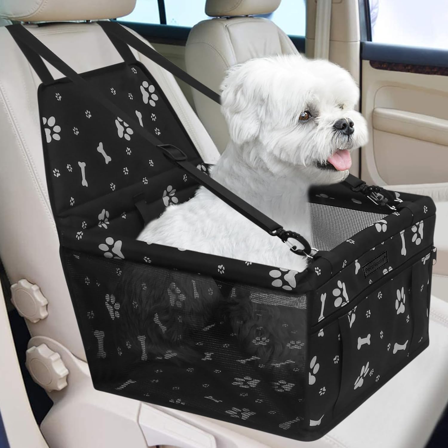 Dog Car Seat Foldable Dog Car Booster Seat Waterproof Breathable Oxford Travel Bag for Small to Medium Dogs, Puppies, and Pets-Pattern Black