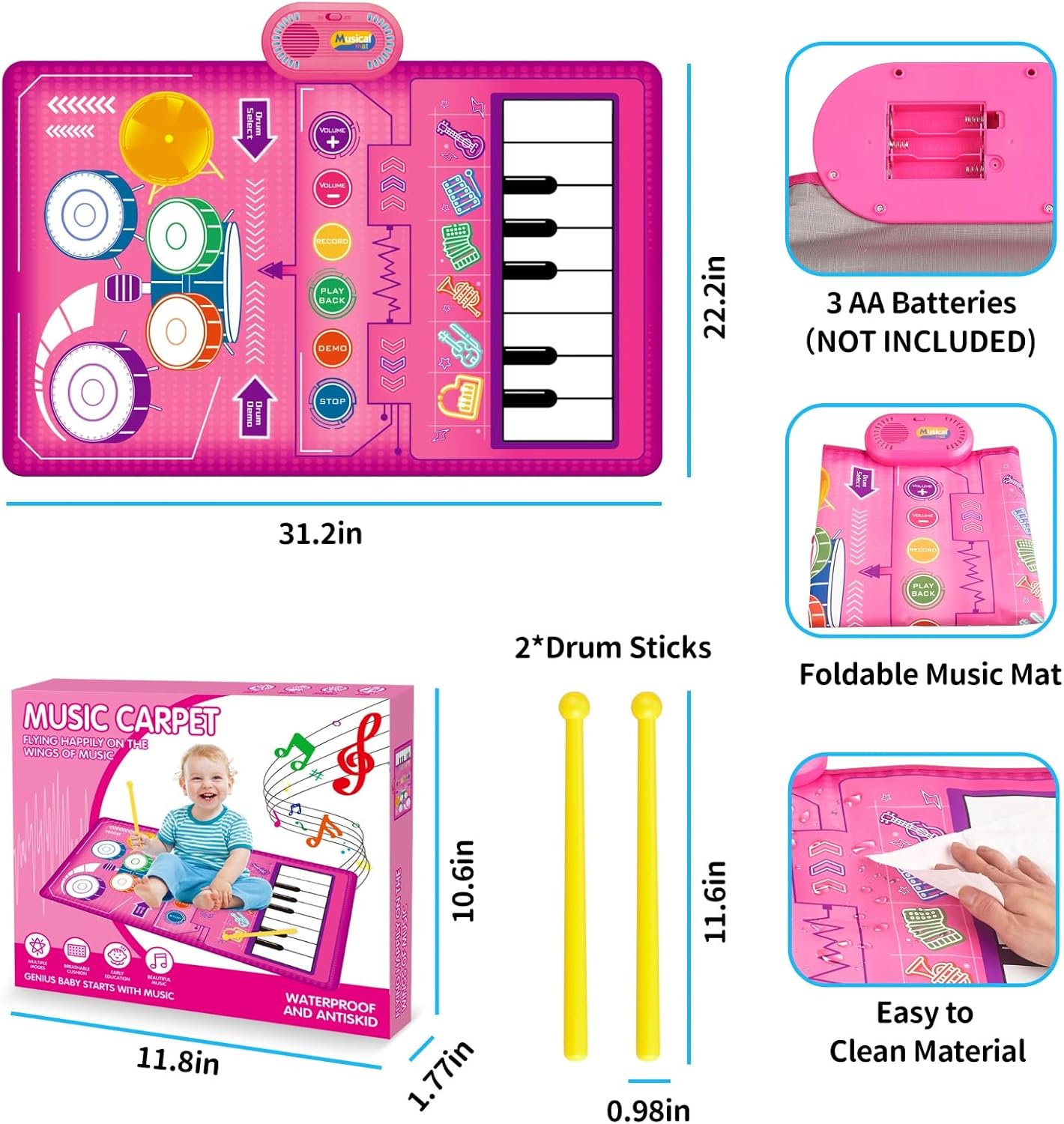 1 2 3 Year Old Girl Birthday Gift Toys, 2 in 1 Musical Toys for Toddlers 1-3 Piano Keyboard & Drum Mat with 2 Drum Sticks Toddler Toys Age 1-2, Baby Toys for 1 Year Old Toys for 2 Year Old Girl