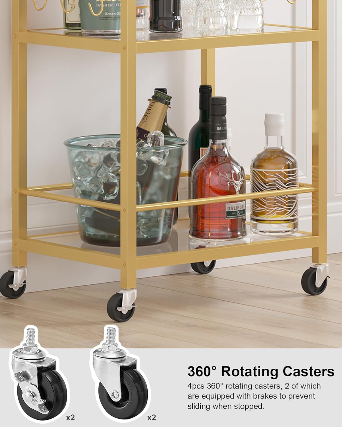 Bar Cart, Home Bar Serving Cart with 3-Tier Mirrored Shelf, Microwave Cart, Drink Cart, Mobile Kitchen Shelf with Wine Rack, Rolling Beverage Cart, Gold