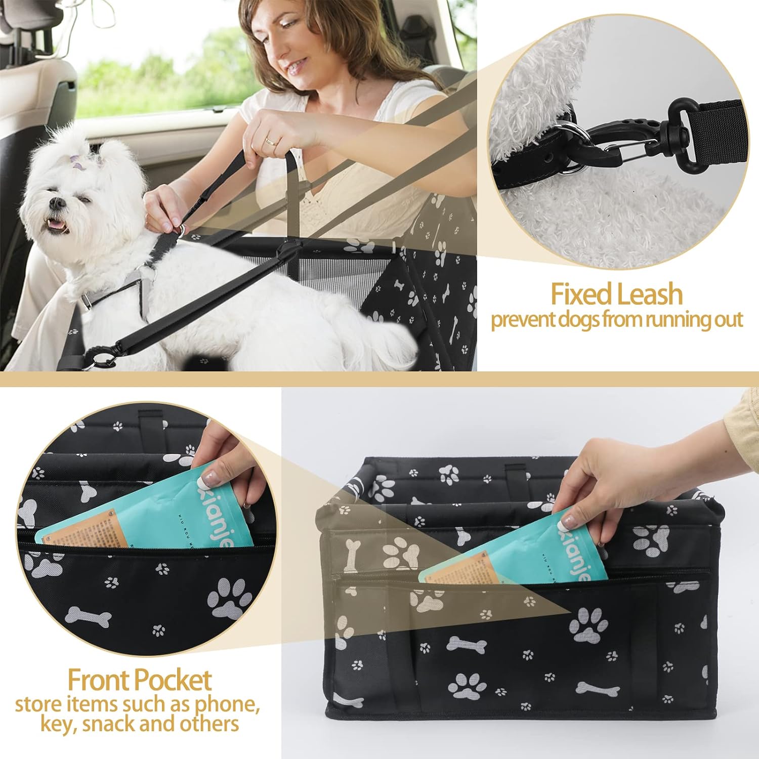 Dog Car Seat Foldable Dog Car Booster Seat Waterproof Breathable Oxford Travel Bag for Small to Medium Dogs, Puppies, and Pets-Pattern Black