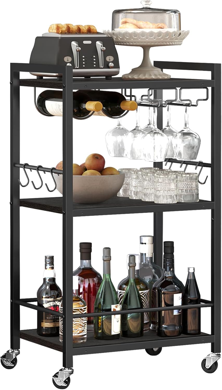 Bar Cart, Home Bar Serving Cart with 3-Tier Mirrored Shelf, Microwave Cart, Drink Cart, Mobile Kitchen Shelf with Wine Rack, Rolling Beverage Cart, Gold