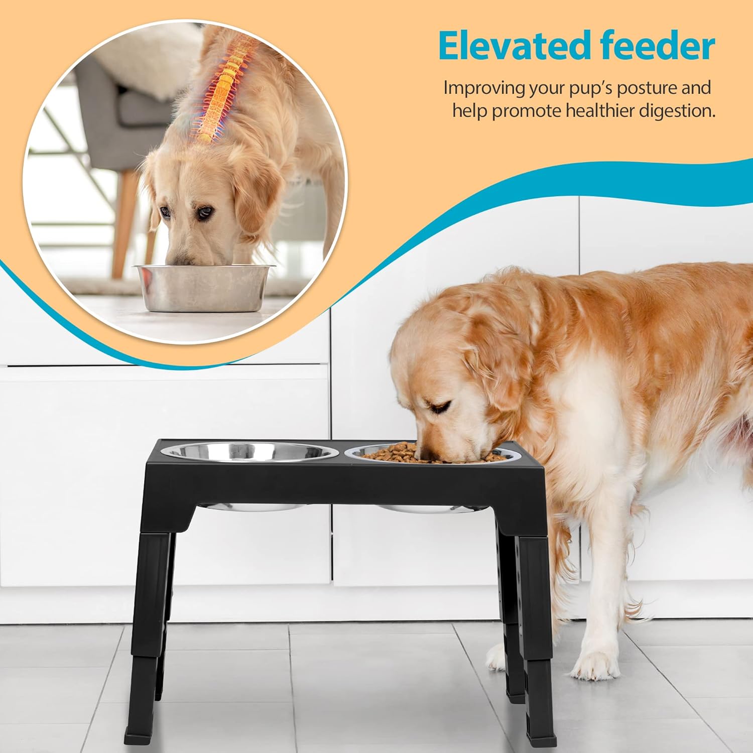 Elevated Dog Bowls with 2 Stainless Steel Dog Food Bowls, Raised Dog Bowl Adjusts to 5 Heights (3.15", 8.66", 9.84",11.02", 12.2") for Small Medium and Large Dogs