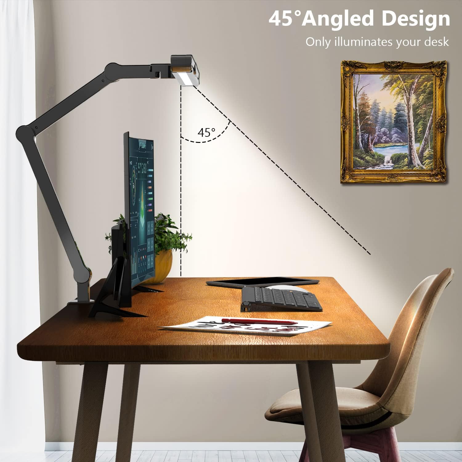 Led Desk Lamp with Clamp, Architect Desk Lamp for Home Office with Atmosphere Lighting, 24W Ultra Bright Auto Dimming Desk Light Stepless Dimming and Tempering LED Table Light