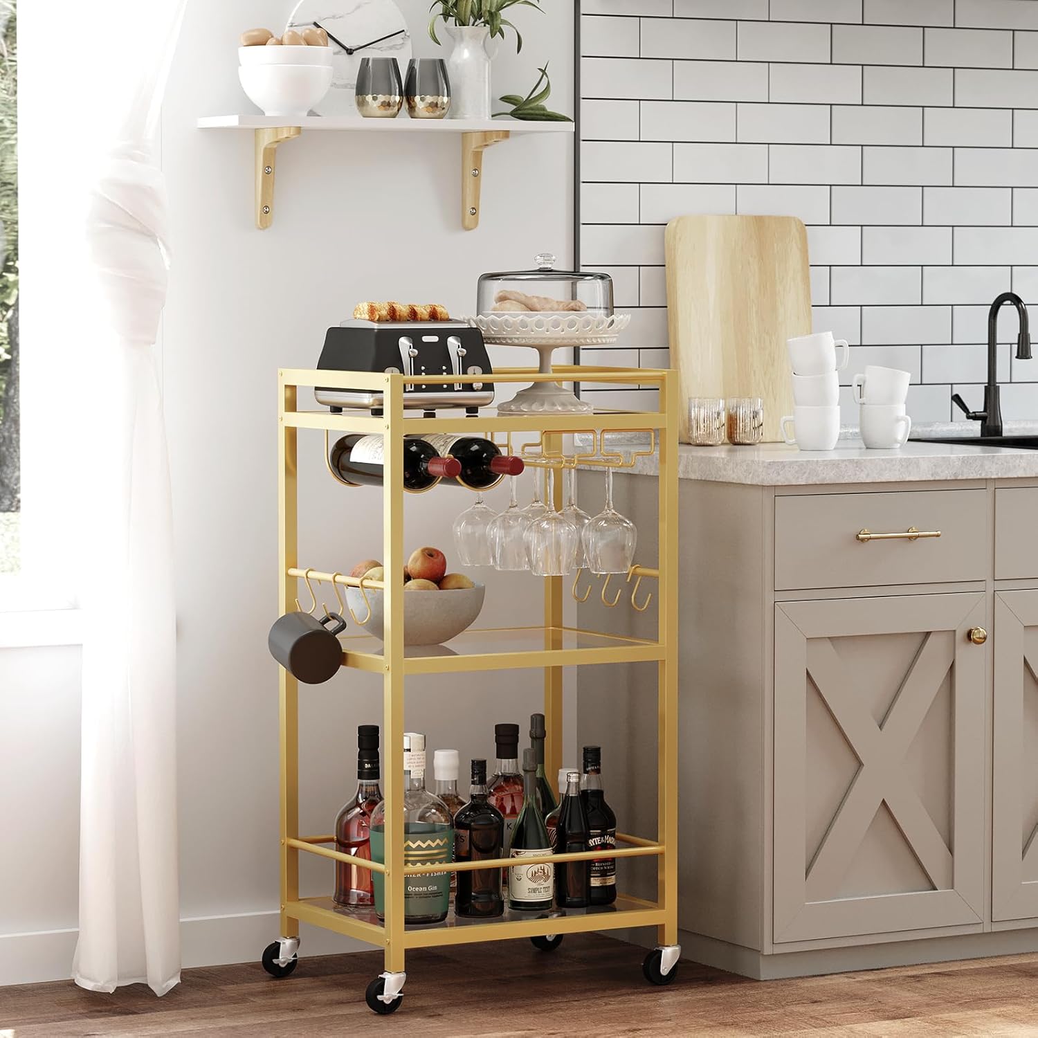 Bar Cart, Home Bar Serving Cart with 3-Tier Mirrored Shelf, Microwave Cart, Drink Cart, Mobile Kitchen Shelf with Wine Rack, Rolling Beverage Cart, Gold