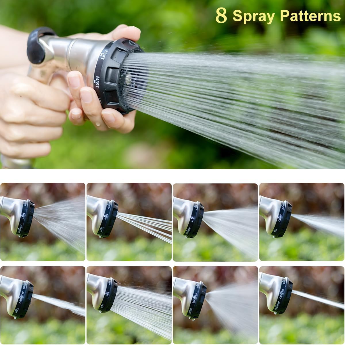 Professional Heavy Duty Garden Hose Nozzle, 100% Metal Thumb Control Water Hose Sprayer with 8 Spray Patterns, High Pressure Water Nozzle for Lawn & Plant Watering, Car & Pet Washing