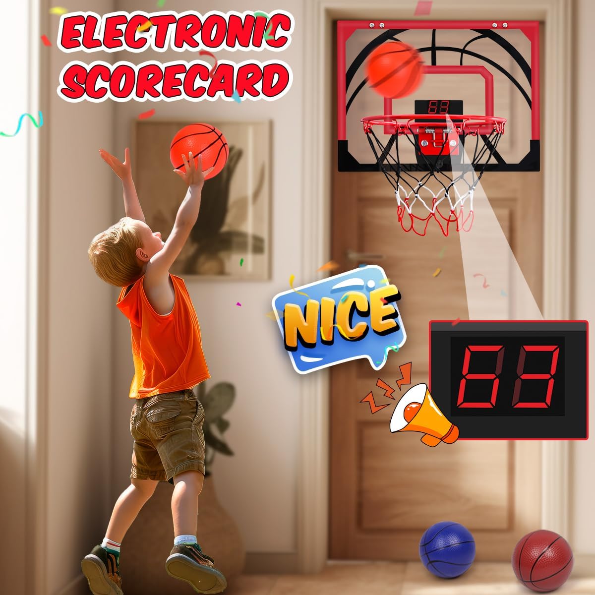 Indoor Basketball Hoop for Kids，Over the Door Basketball Hoop with Electronic Scoreboard, 4 Balls & Air Pump, Mini Basketball Hoop Toys Gifts for 5-12 Year Old Boys Girls